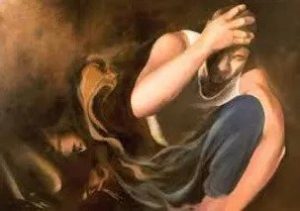 Man holding hes head scream by a ghost figure